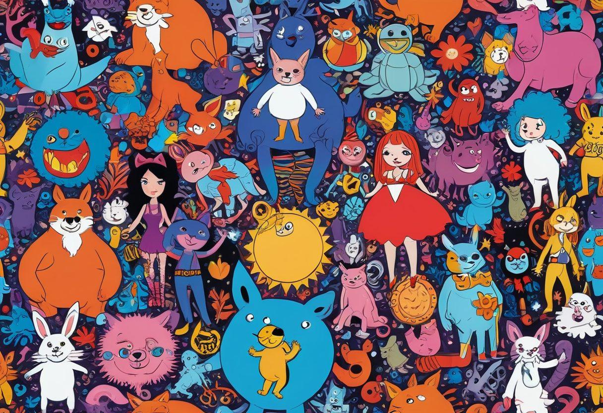 A colorful and playful collage of adult cartoon characters engaging in various light-hearted fetish themes, set in a whimsical, exaggerated world. Include elements like playful bondage gear, fantasy settings, and diverse characters showcasing body positivity and acceptance. Use a vibrant palette to highlight the cheeky charm and humor of adult cartoons while maintaining an artistic flair. vector art. vibrant colors. playful atmosphere.