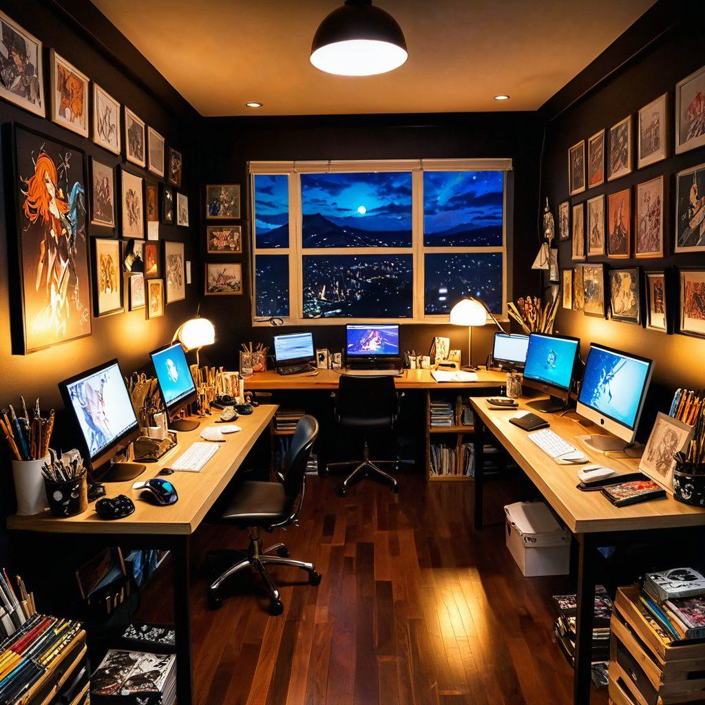 A vibrant scene featuring a colorful art studio filled with illustrations of adult anime characters, showcasing intricate details and explicit themes. Include a diverse array of art supplies scattered around, with glowing screens displaying hentai artwork, warm ambient lighting, and a large canvas depicting fantastical settings. Capture a sense of creativity and allure in the atmosphere. digital art. vibrant colors. super-realistic.